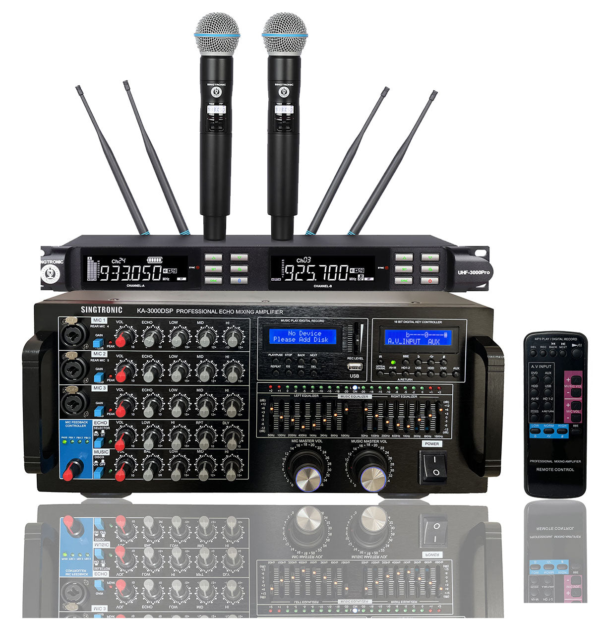 Singtronic KA-3000ProII Karaoke 3000W Amplifier + UHF-3000Pro 2 x Digital Anti-Feedback Wireless Microphone