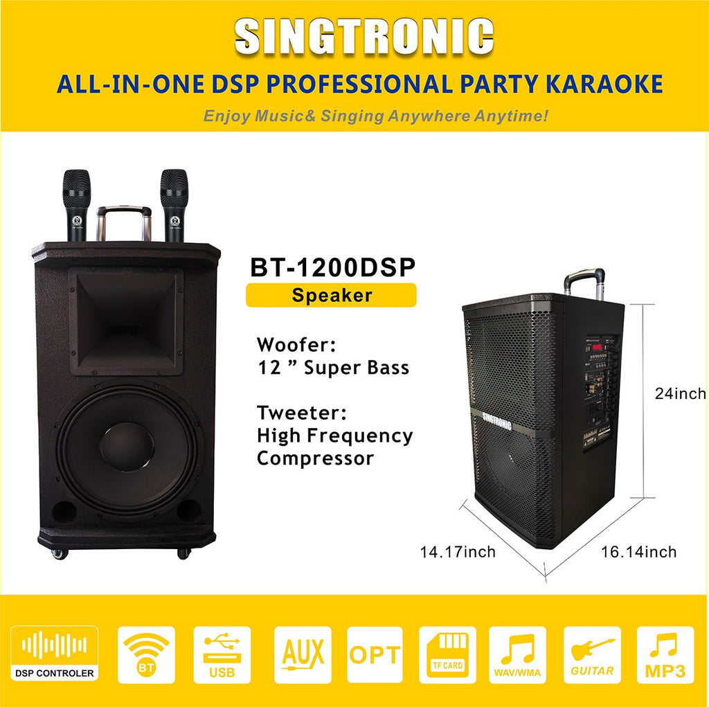 Singtronic BT-1200DSP Professional Rechargeable DSP 12" Karaoke 1200W Speaker With 2 UHF Wireless Mic.