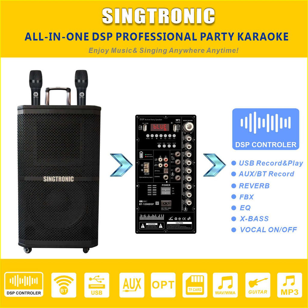 Singtronic BT-1200DSP Professional Rechargeable DSP 12" Karaoke 1200W Speaker With 2 UHF Wireless Mic.