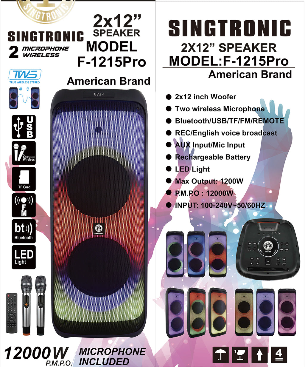Singtronic F-1215Pro Professional 1200W Powered Bluetooth Karaoke Speaker System