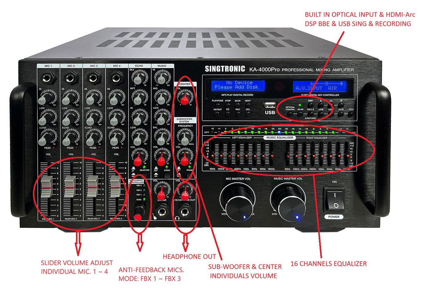 Singtronic KA-4000Pro Professional DJ/KJ 4000W Mixing Amplifier Built in Slider, HDMI-Arc & Recording